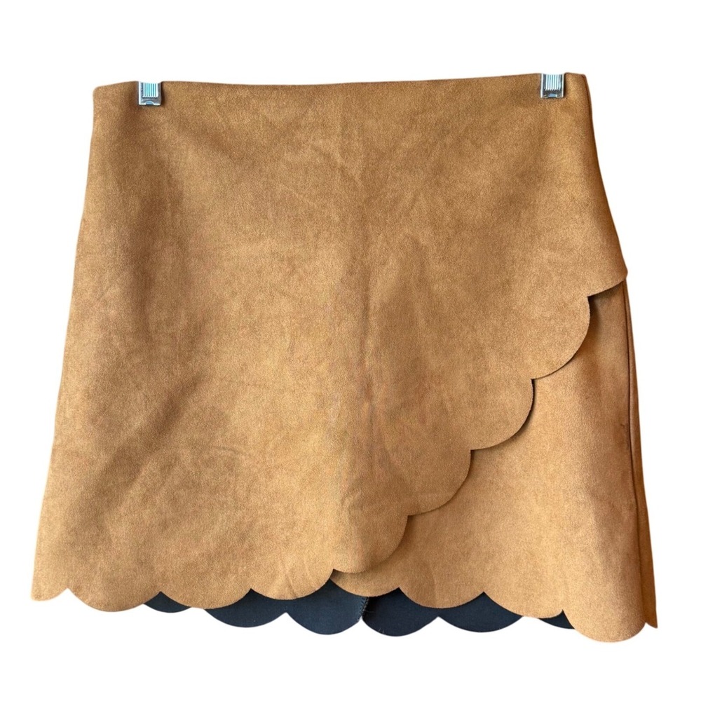 The Impeccable Pig Faux Suede Scalloped Mini Skirt Tan Size Large